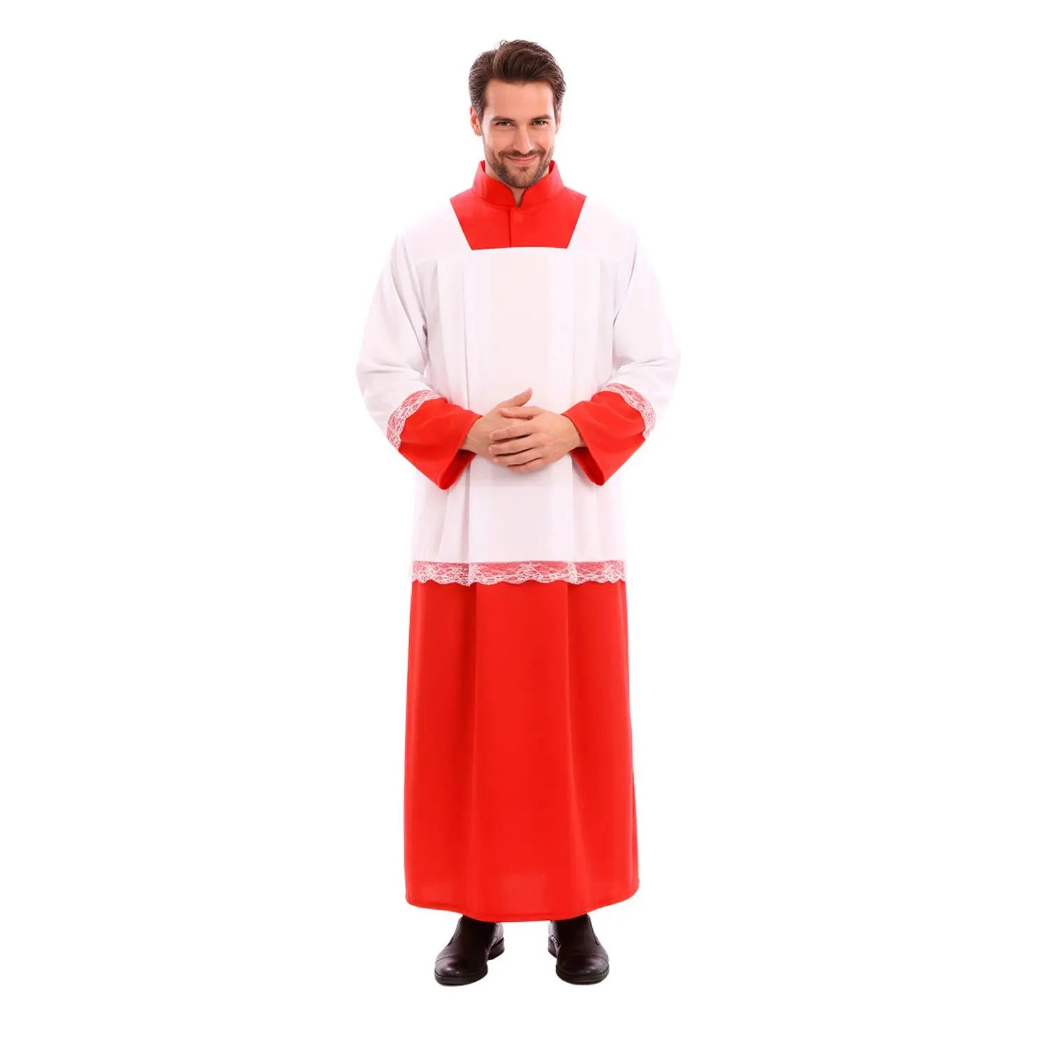 Disfraz de monaguillo para adulto con túnica roja y sobrepelliz blanca tradicional