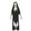 Disfraz monja asesina infantil con vestido negro y cofia para Halloween