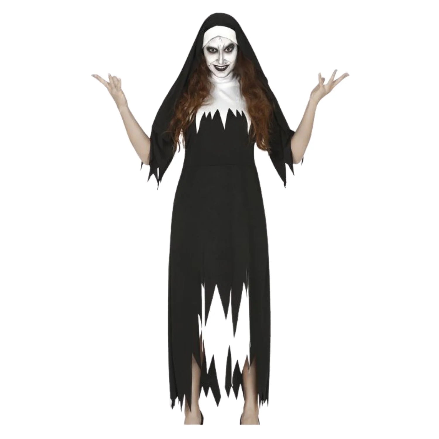 Disfraz monja zombie adulto con vestido negro desgarrado y cofia