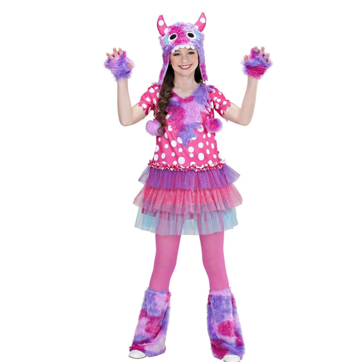 Disfraz monstruita para niña rosa con vestido, sombrero y polainas