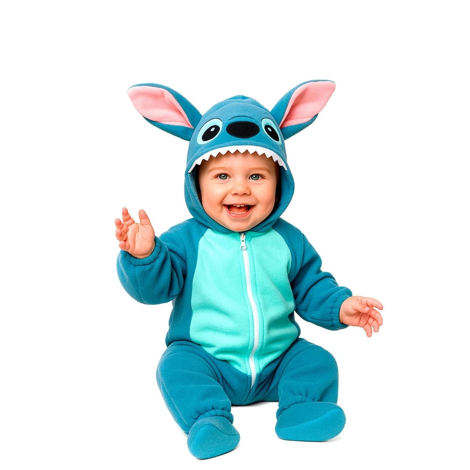 Bebé con disfraz de monstruito azul inspirado en Stich con mono y capucha