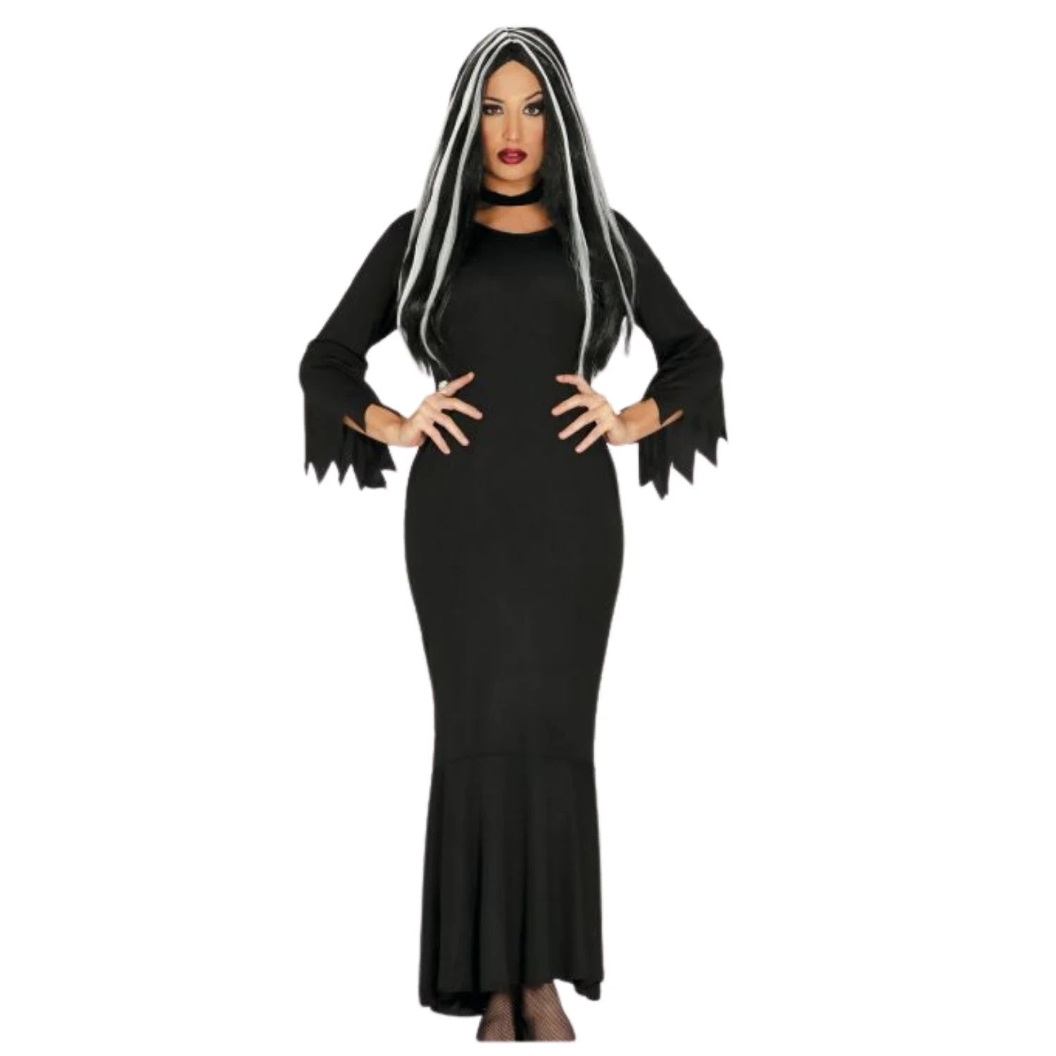 Disfraz Morticia Addams adulto con vestido negro y collar