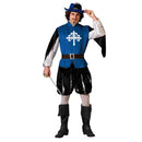 Disfraz mosquetero medieval azul hombre con peto y cinturón