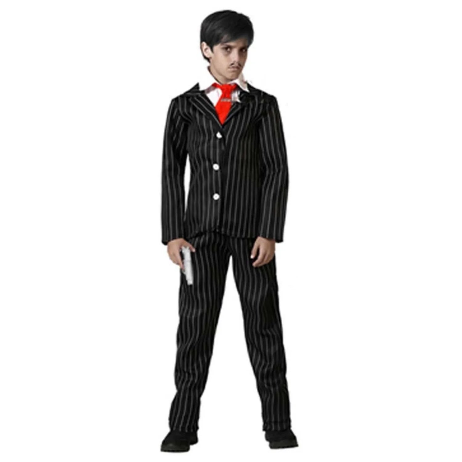 Disfraz Mr. Addams Infantil con traje negro a rayas y corbata roja