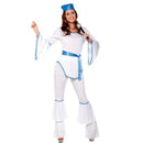 Mujer con disfraz disco blanco y azul inspirado en los años 80