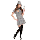 Disfraz de mujer detective con vestido de cuadros, cinturón, capa y sombrero a juego