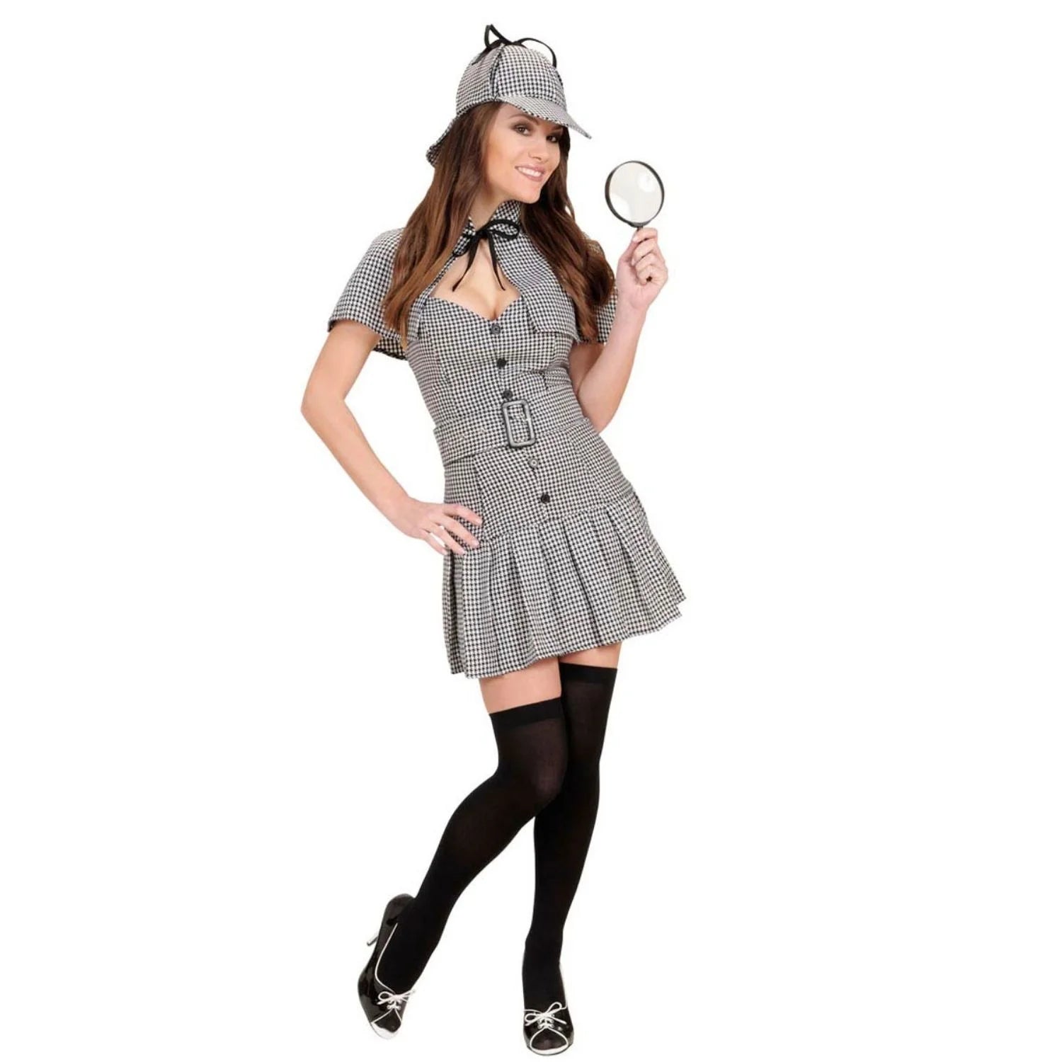 Disfraz de mujer detective con vestido de cuadros, cinturón, capa y sombrero a juego