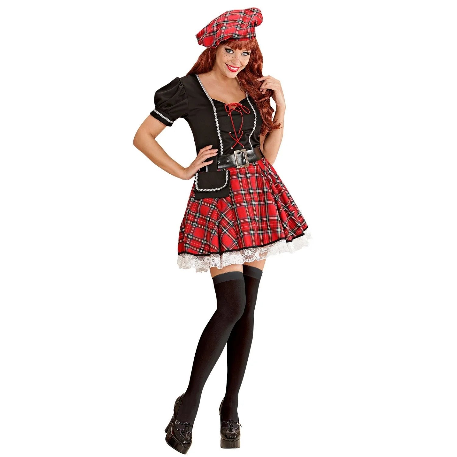 Disfraz mujer escocesa con vestido de cuadros rojos, cinturón, bolso y sombrero