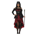 Disfraz de mujer gótica con vestido negro y rojo para Halloween y Carnaval