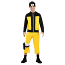 Hombre con disfraz ninja hokage amarillo y negro con vincha