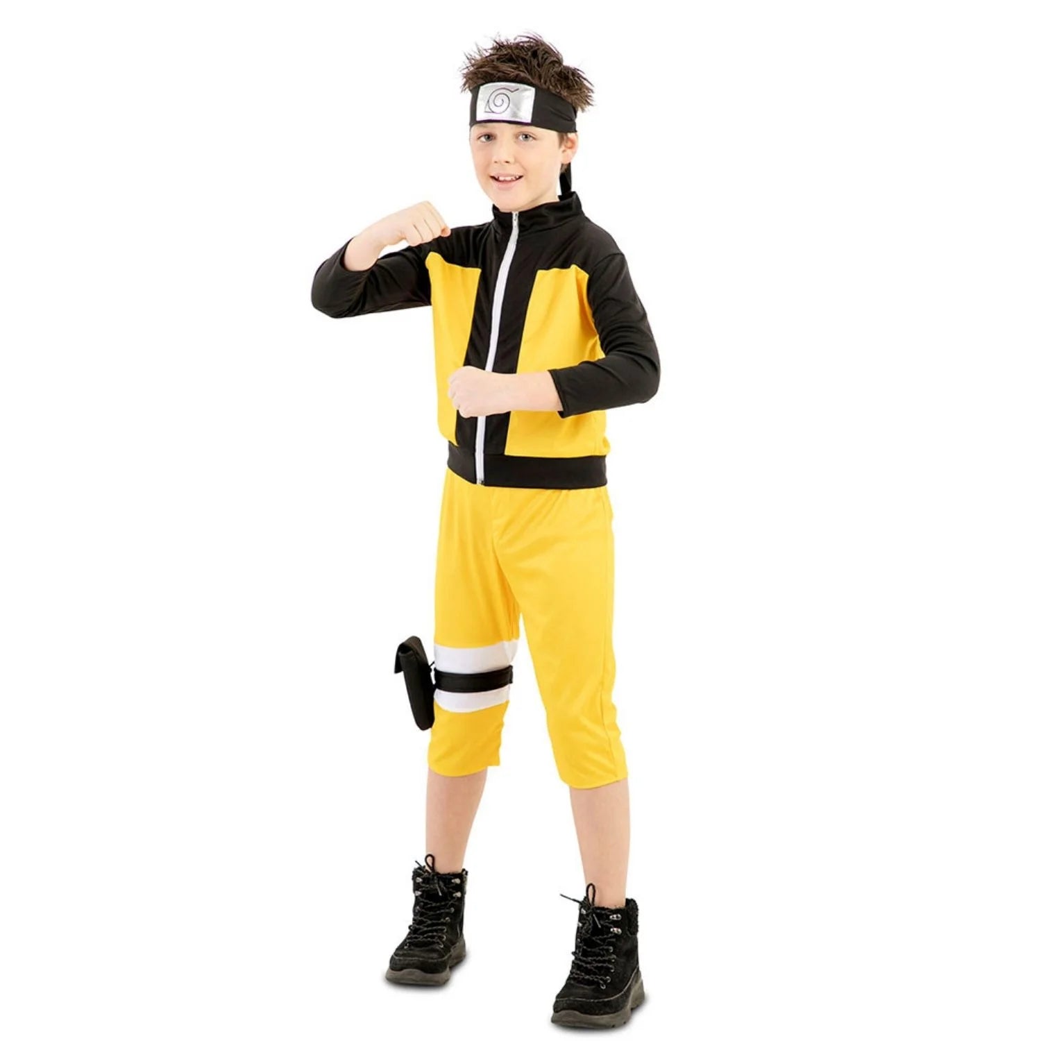 Niño con disfraz ninja hokage amarillo y negro con vincha