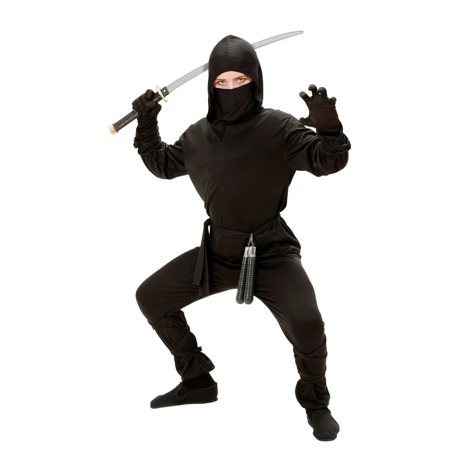 Disfraz ninja infantil negro con capucha, mascarilla y cinturón para Carnaval