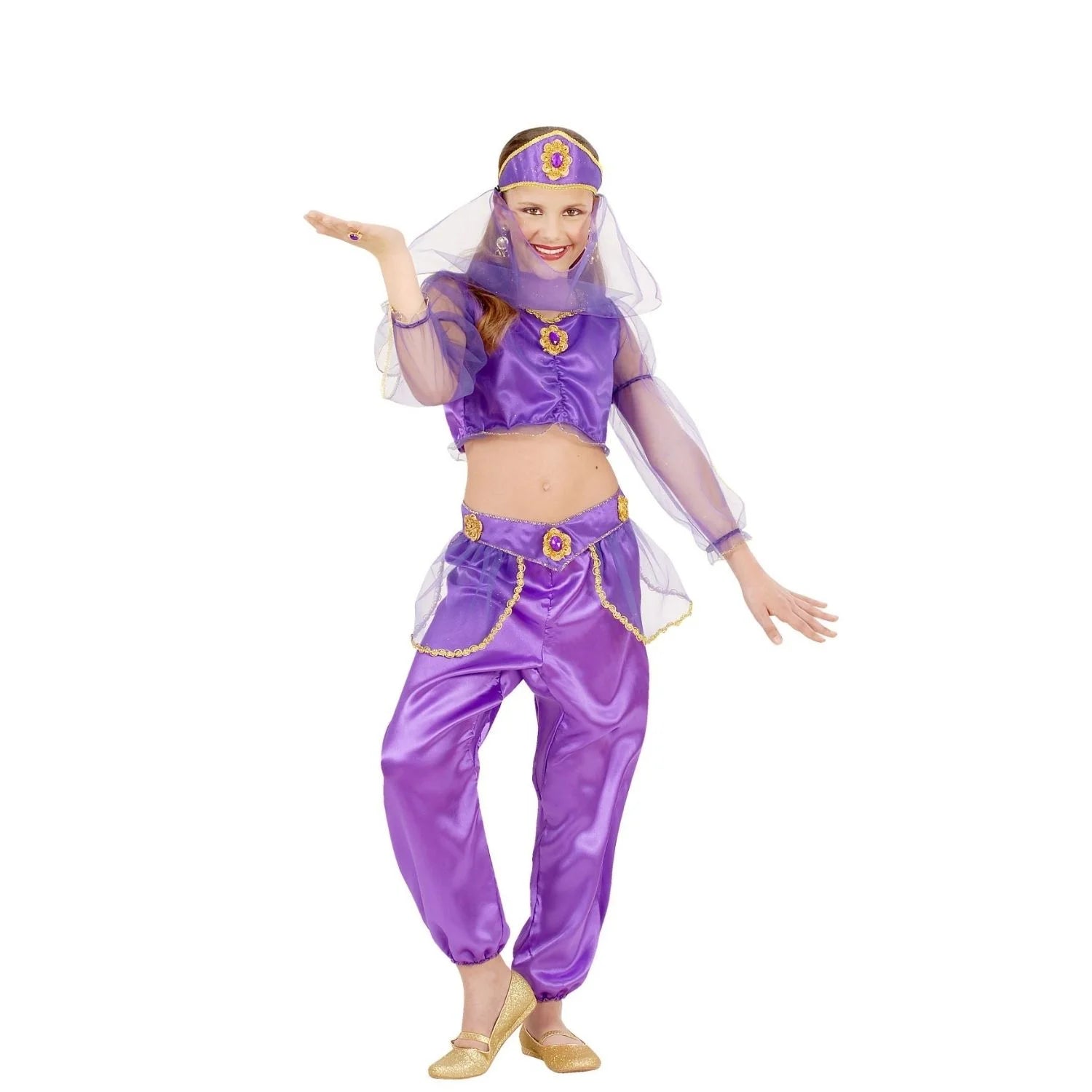 Disfraz de odalisca árabe infantil con top y pantalón morado