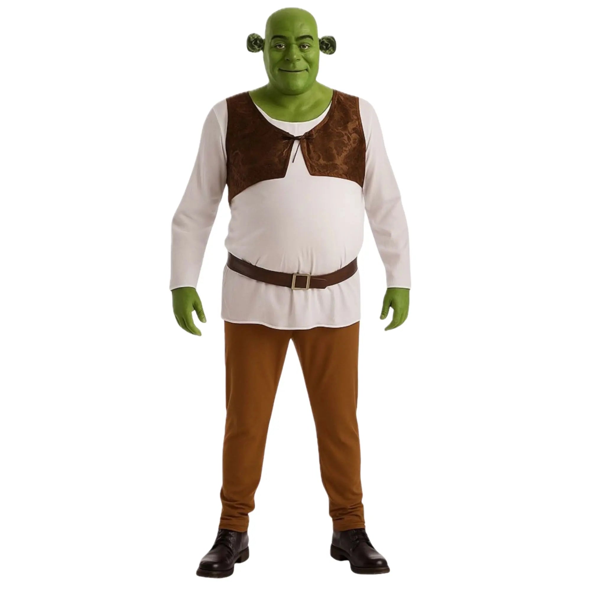 Disfraz de ogro adulto con casaca, pantalón, cinturón y diadema verde estilo fantasía