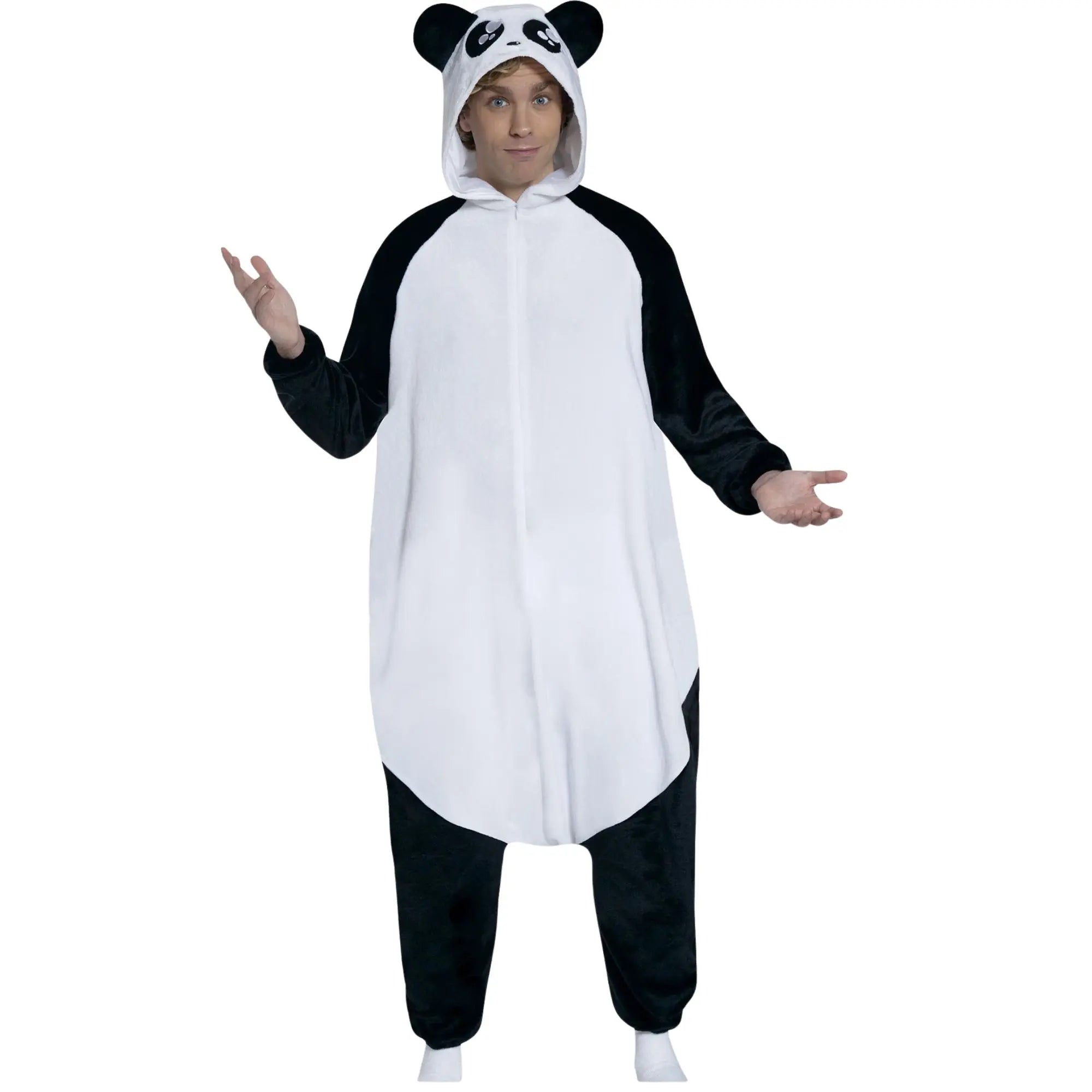 Disfraz de panda adulto tipo kigurumi con mono, capucha con cara de panda y cola, ideal para Carnaval y fiestas divertidas