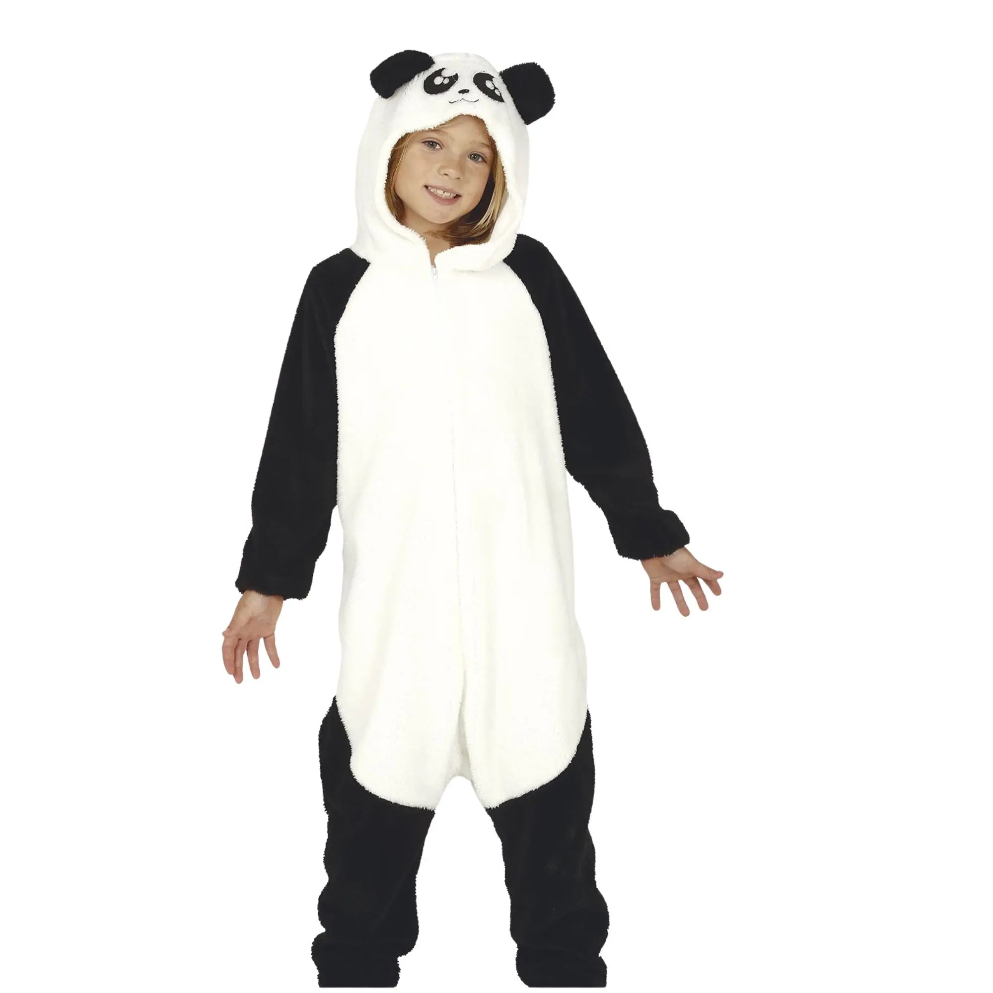 Disfraz de panda infantil con mono negro y blanco, capucha con cara de panda y cola, ideal para Carnaval y fiestas infantiles