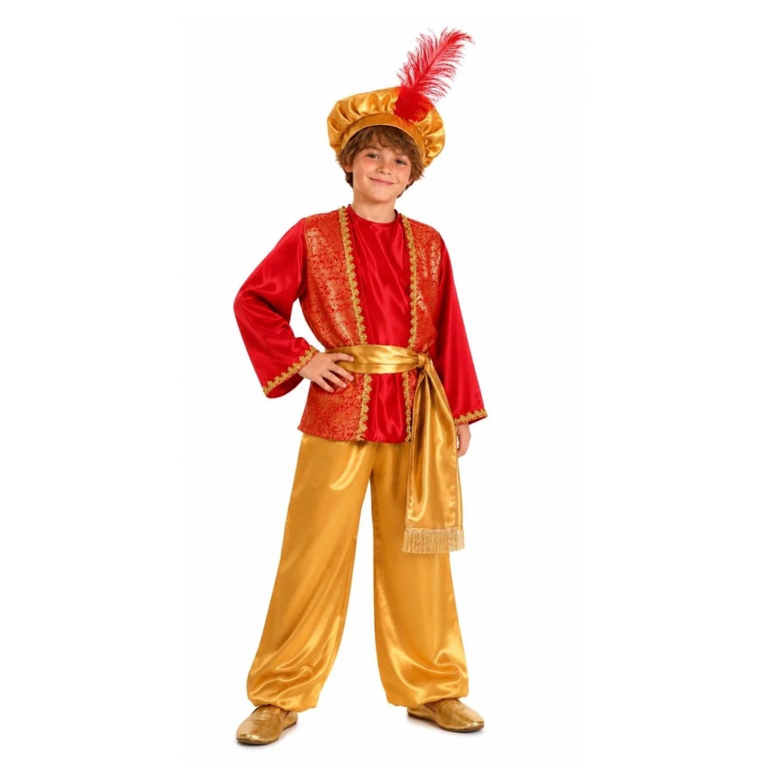 Disfraz Paje Gaspar infantil con camisa decorada y gorro con pluma