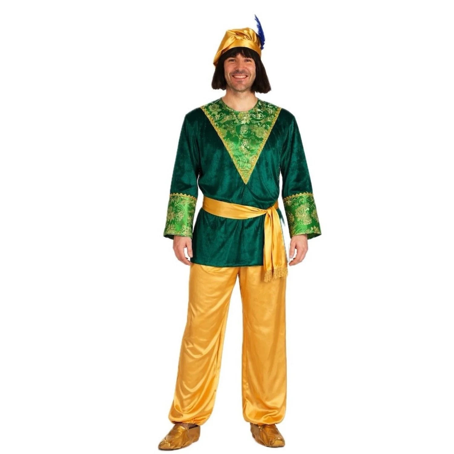 Disfraz Paje Gaspar con casaca verde y gorro con pluma
