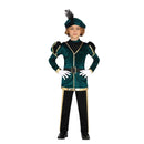 Niño con disfraz de paje verde infantil con sombrero camiseta pantalón y cinturón para Navidad