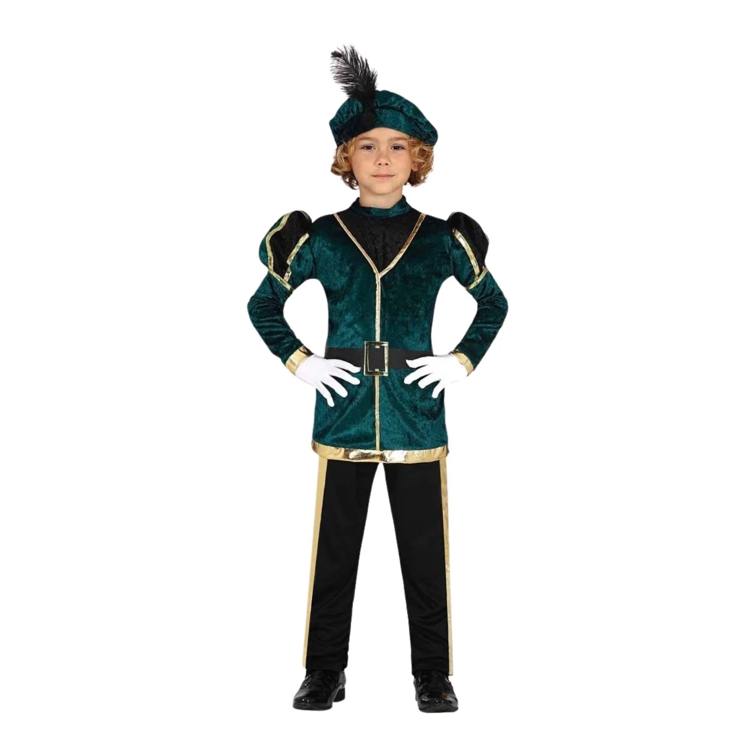 Niño con disfraz de paje verde infantil con sombrero camiseta pantalón y cinturón para Navidad