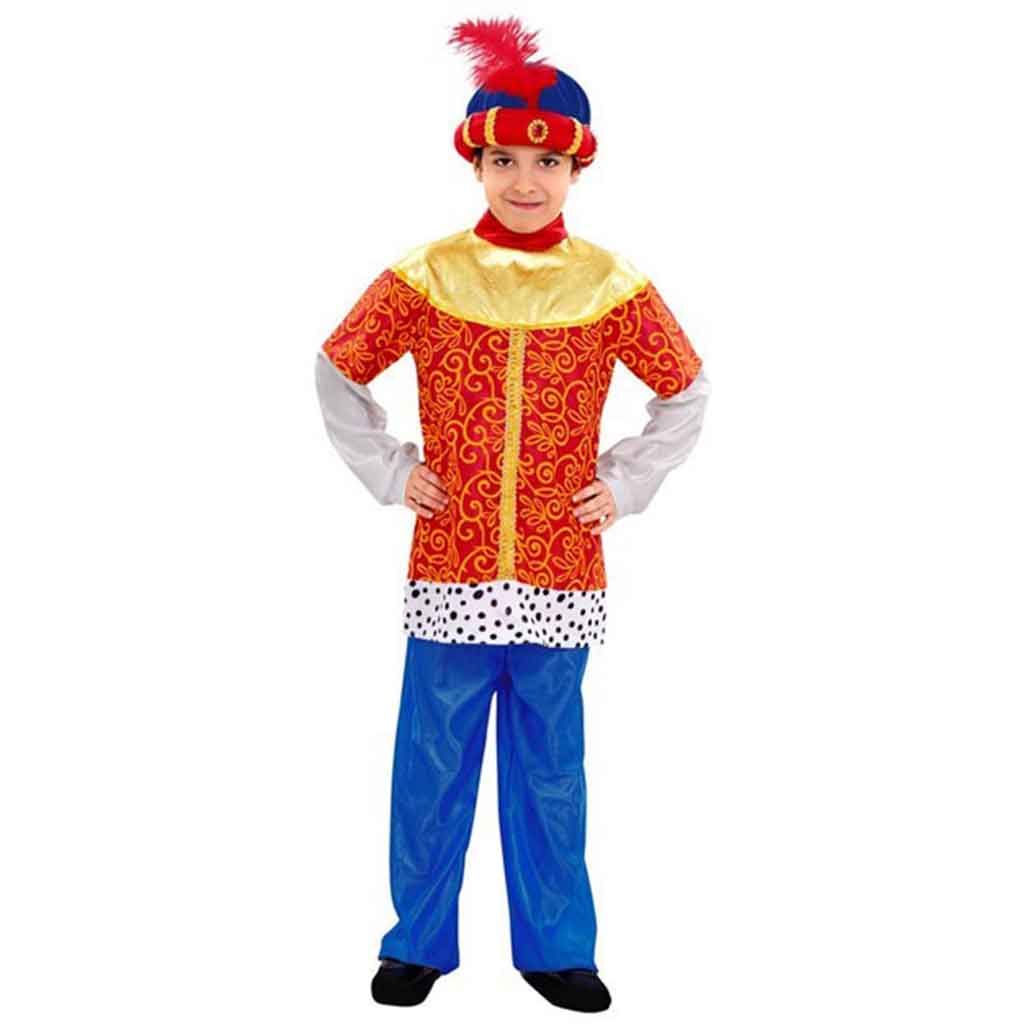 Niño con disfraz de Paje Reyes Magos infantil en color rojo y dorado