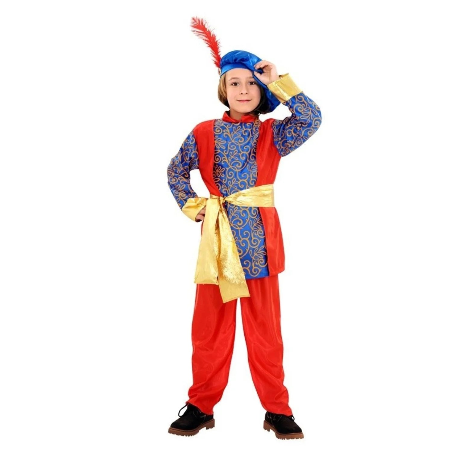 Disfraz paje Reyes Magos infantil rojo y azul con cinturón dorado