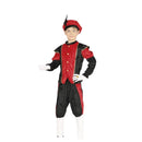 Niño con disfraz de paje rojo infantil con gorro, pantalón y camisa para Navidad