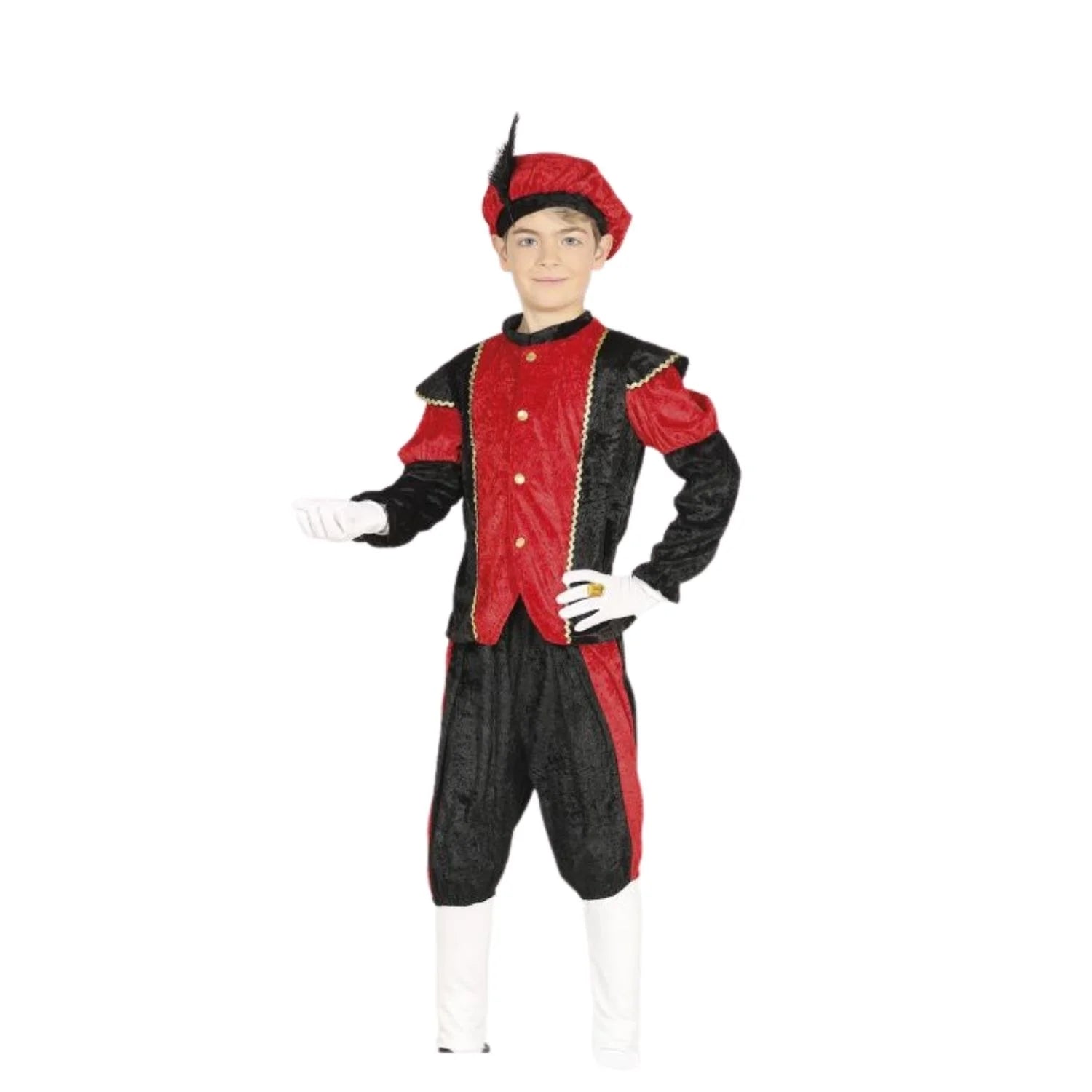 Niño con disfraz de paje rojo infantil con gorro, pantalón y camisa para Navidad