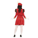 Mujer con disfraz de paje real rojo ideal para cabalgatas y funciones escolares