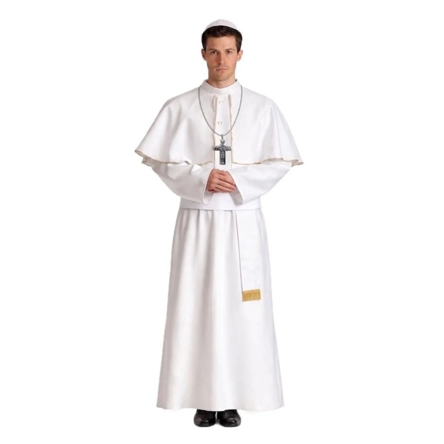 Disfraz papa hombre blanco con túnica larga, cinturón y gorro
