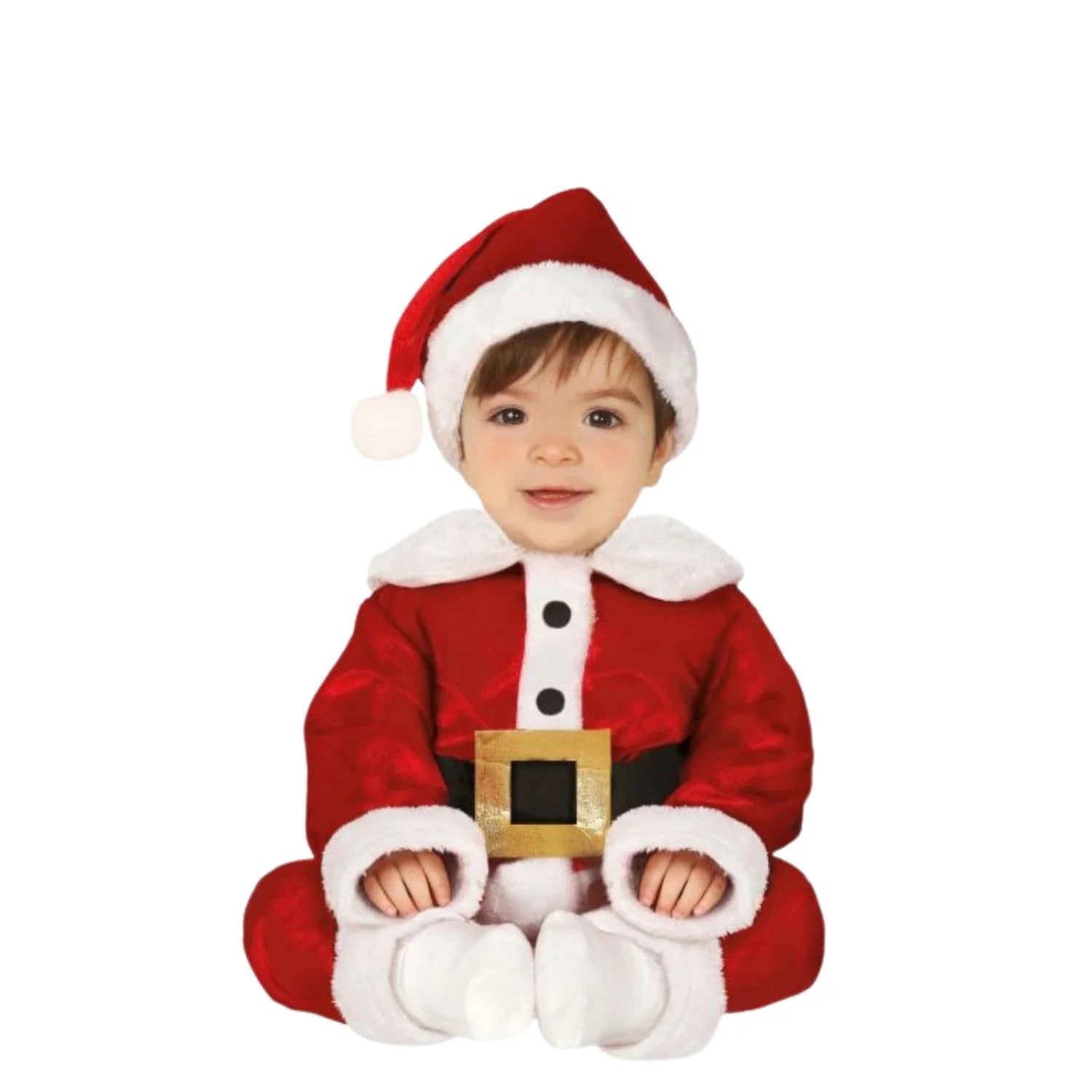 Bebé con disfraz de Papá Noel con gorro rojo, camisa y pantalón