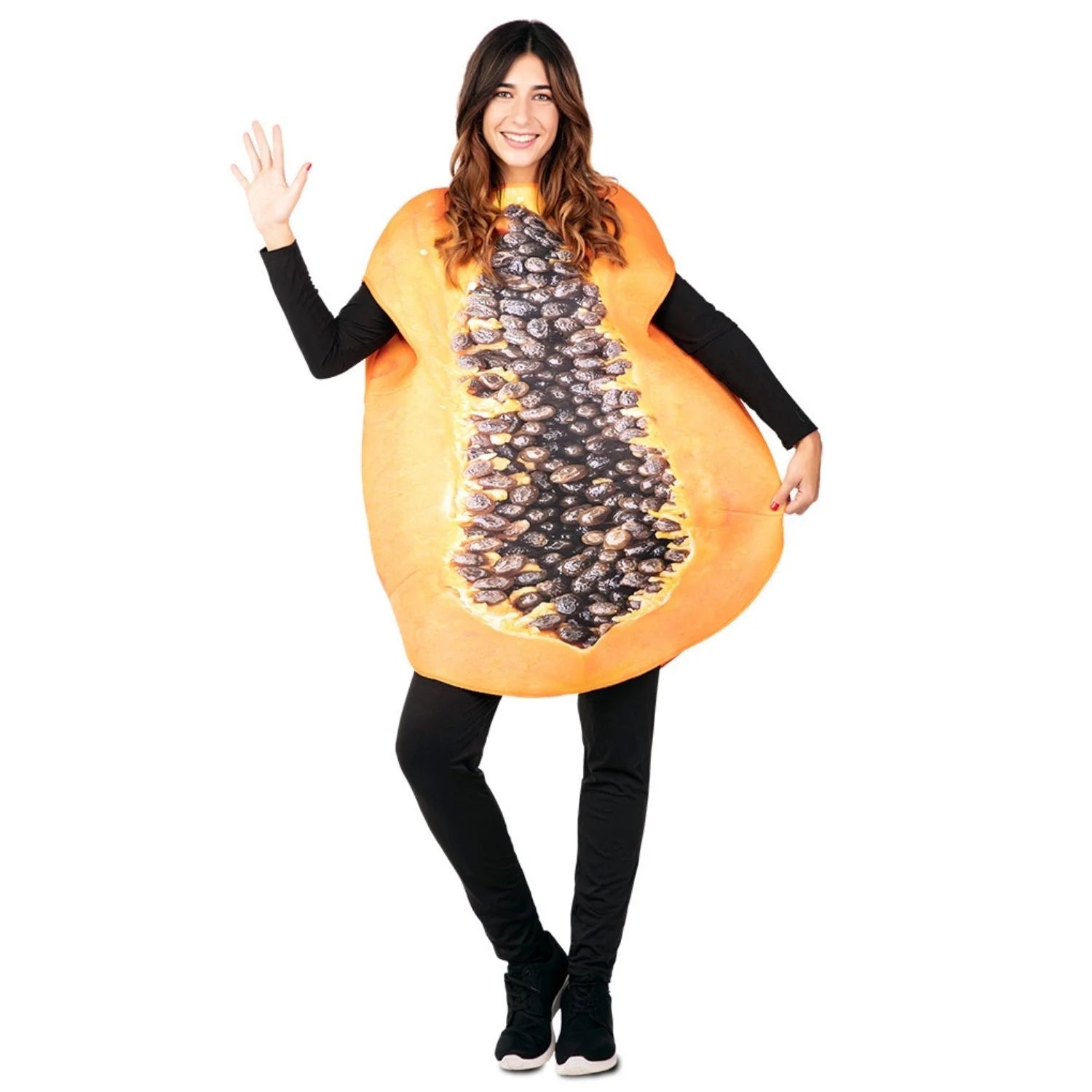 Mujer con disfraz de papaya tropical para adulto