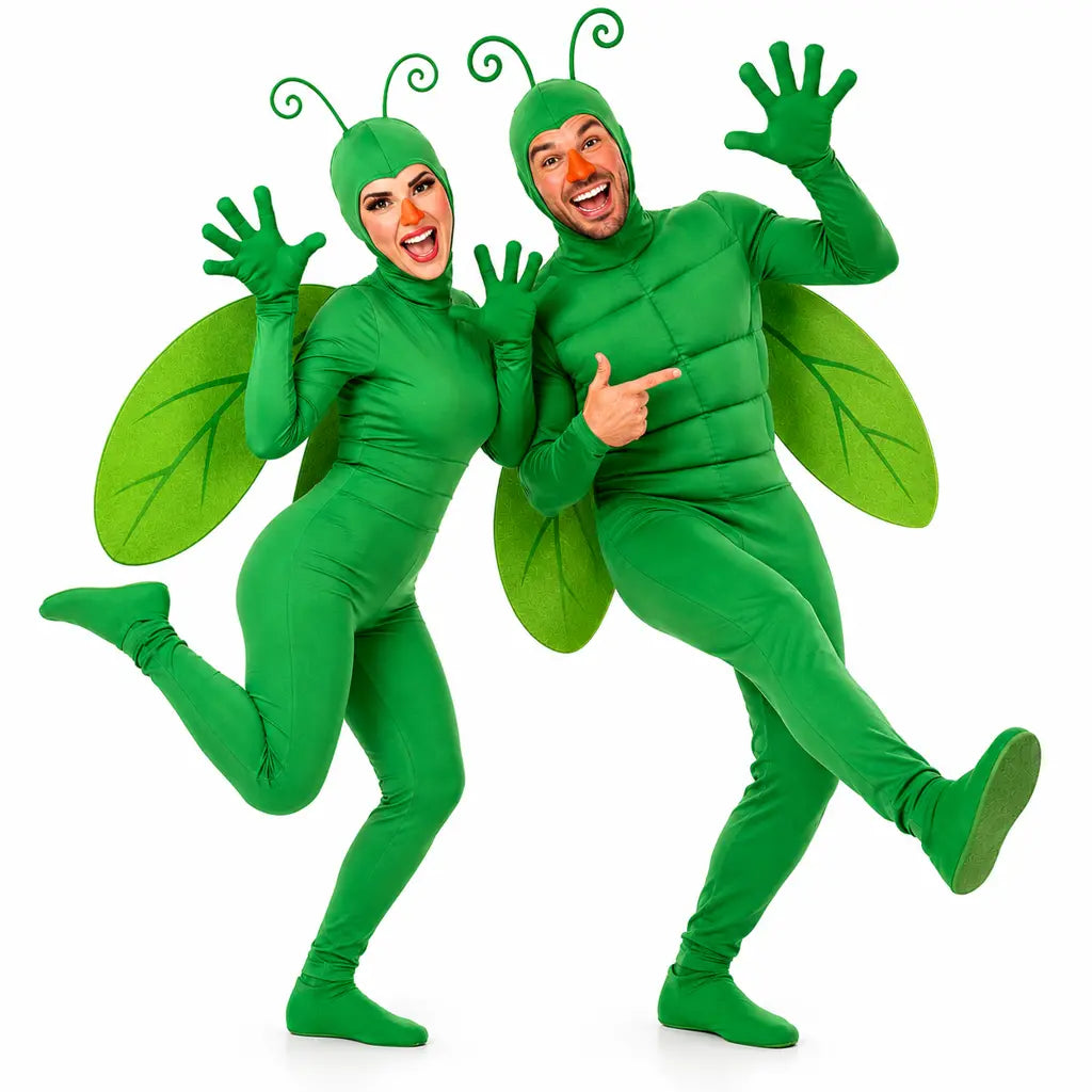 Pareja disfrazada de insectos con trajes coloridos para Carnaval