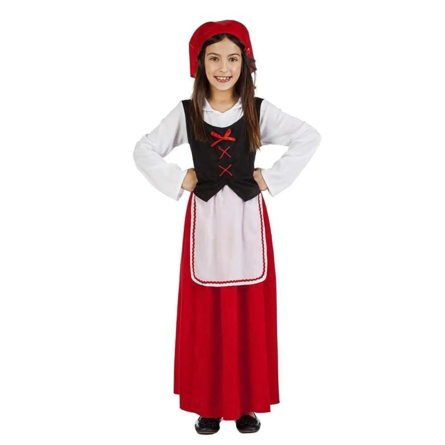 Disfraz de pastora para niña con vestido, chaleco, delantal y pañuelo para Navidad o función escolar