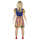 Mujer con disfraz de payaso multicolor divertido