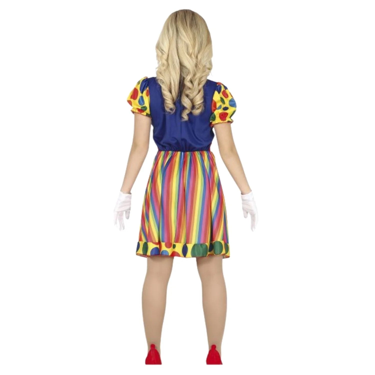 Mujer con disfraz de payaso multicolor divertido