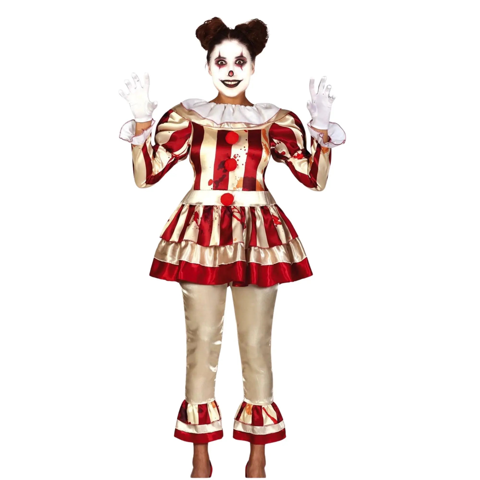Disfraz de payasa a rayas para mujer con pantalón, camiseta y cuello estilo circo terrorífico para Carnaval y Halloween