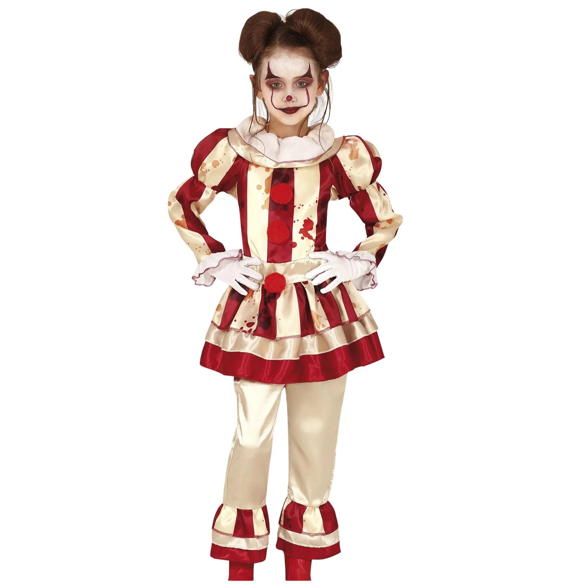 Disfraz de payasa a rayas infantil con vestido, pantalón y collar para Carnaval o Halloween