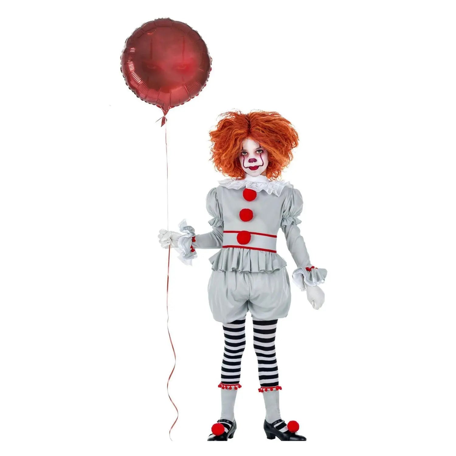 Disfraz de payasa mala para niña con pantalón, blusa y accesorios de circo terrorífico