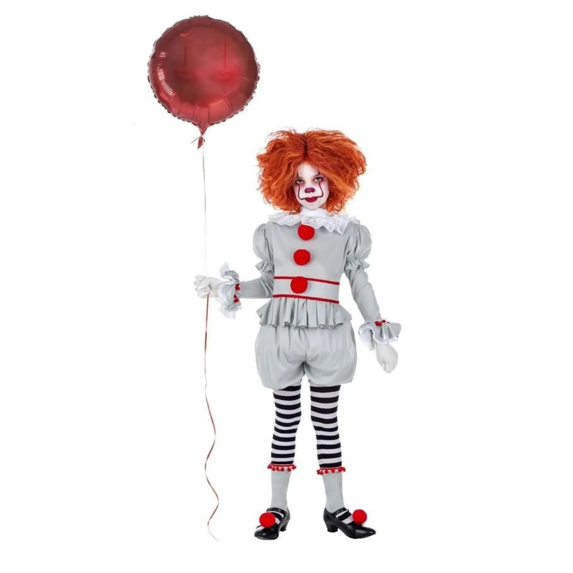 Disfraz de payasa mala para niña con pantalón, blusa y accesorios de circo terrorífico
