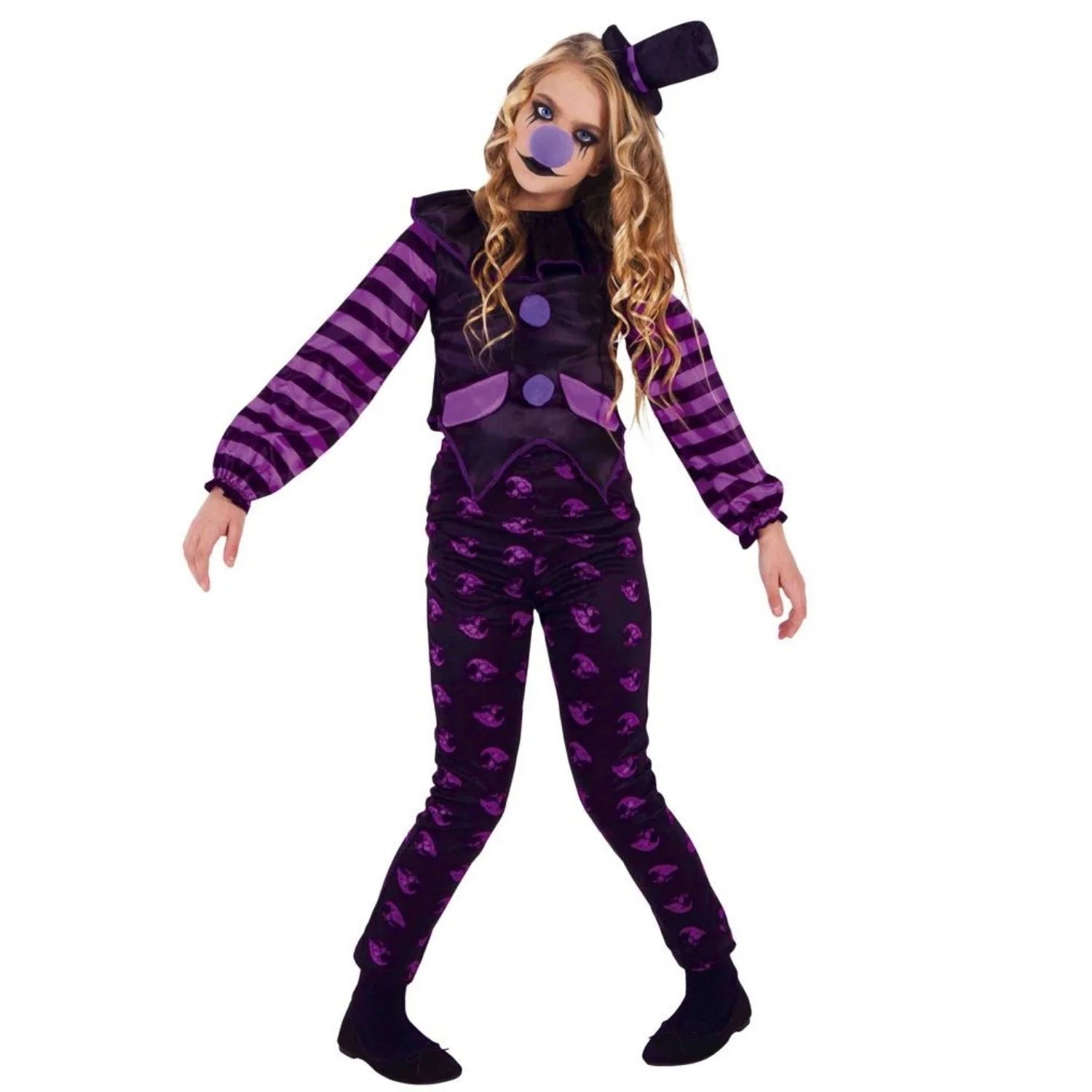 Niña con disfraz de payasita malvada morado y negro para Halloween