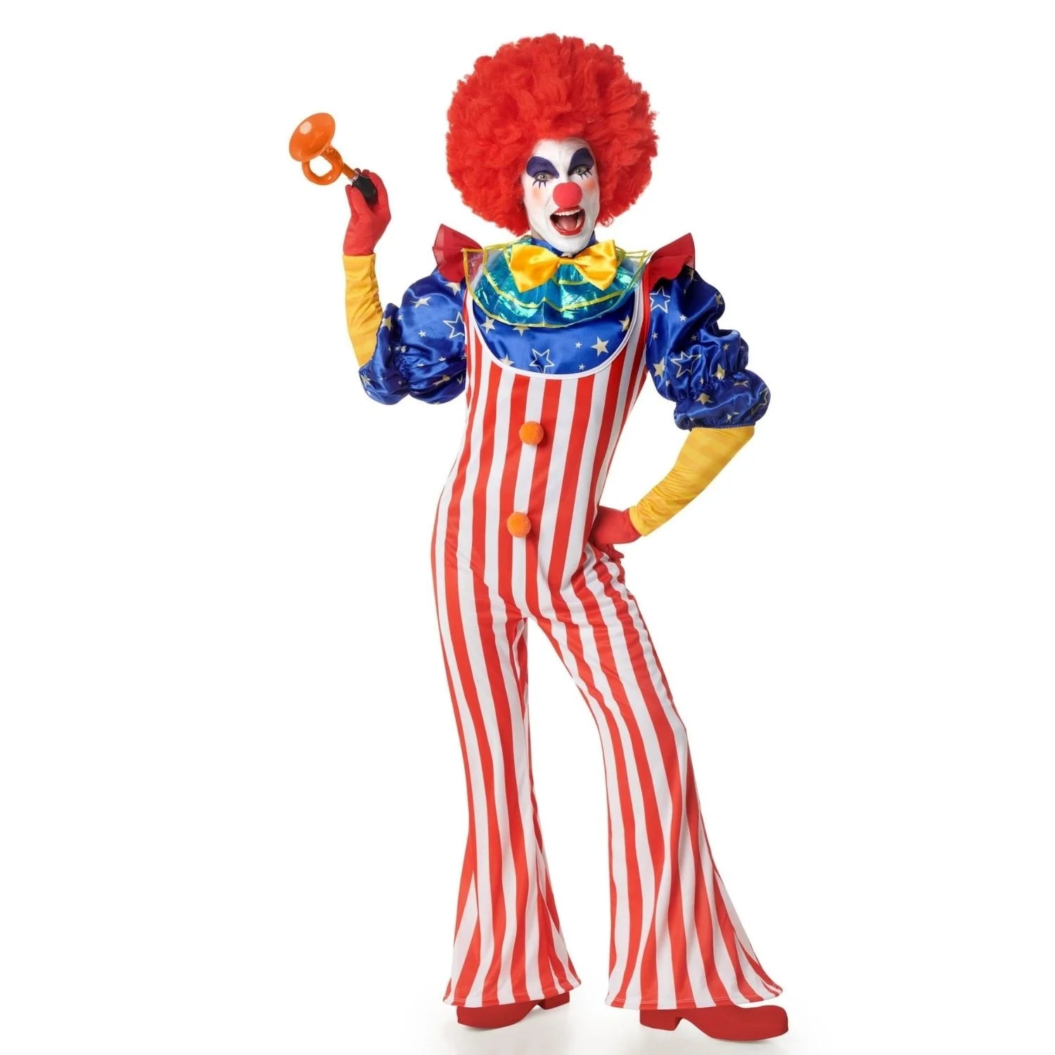 Disfraz de payaso americano para hombre con mono de rayas, camisa y cuello con pajarita