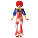 Disfraz de payaso americano para mujer con mono de rayas, camisa y cuello con pajarita