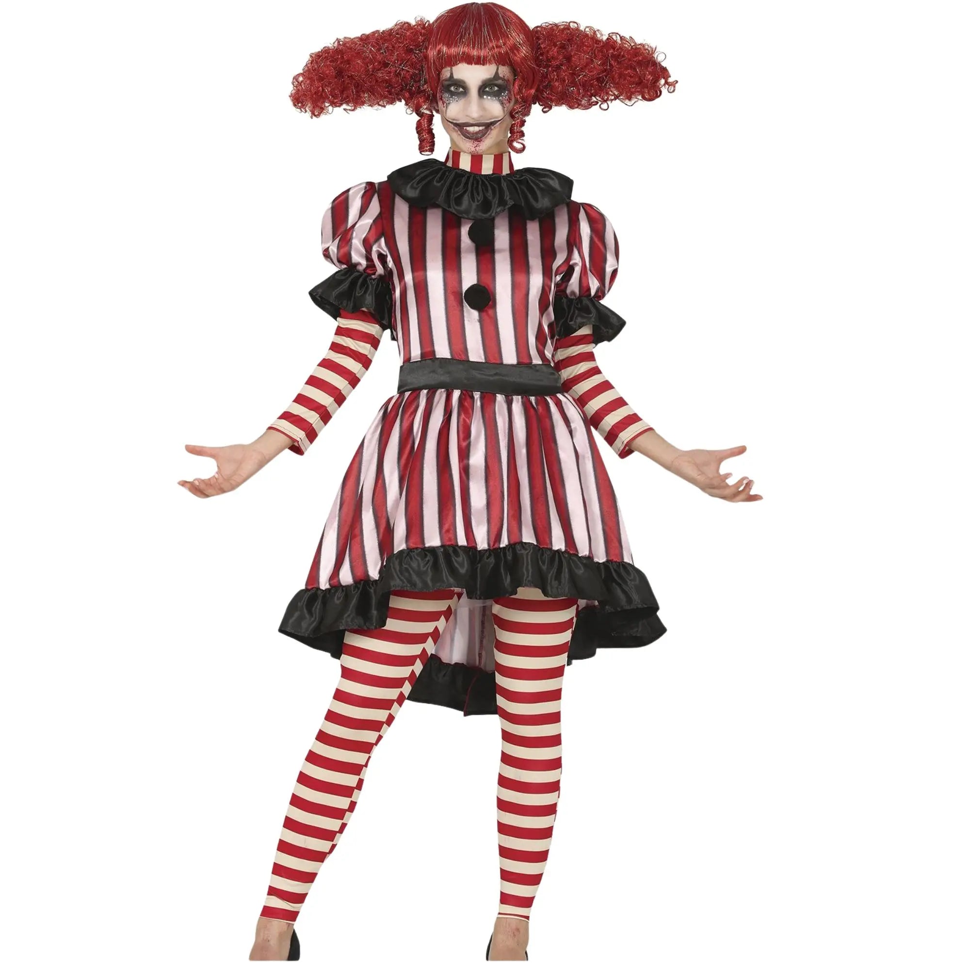 Disfraz de mujer payaso mala con vestido, pantalón y cuello para Halloween terrorífico