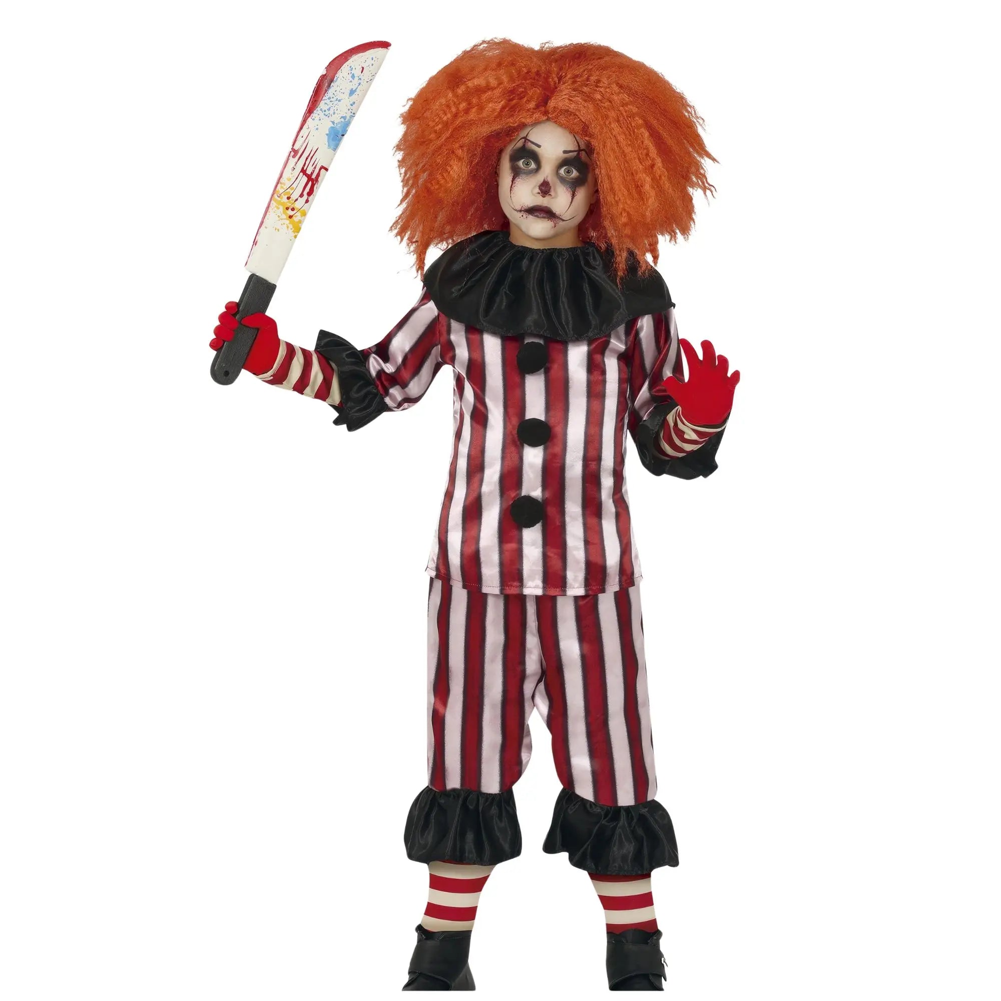 Disfraz de payaso malo para niño con camisa, pantalón y cuello estilo terrorífico ideal para Halloween