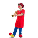 Niño con disfraz de payaso clásico infantil rojo inspirado en los payasos de la tele con gorro y zapatos grandes