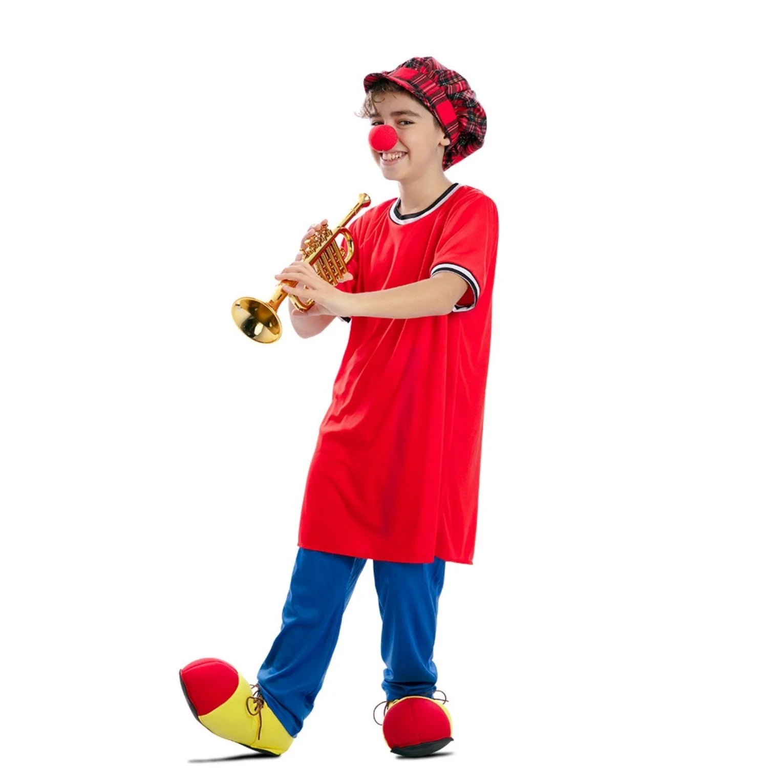 Niño con disfraz de payaso clásico infantil rojo inspirado en los payasos de la tele con gorro y zapatos grandes