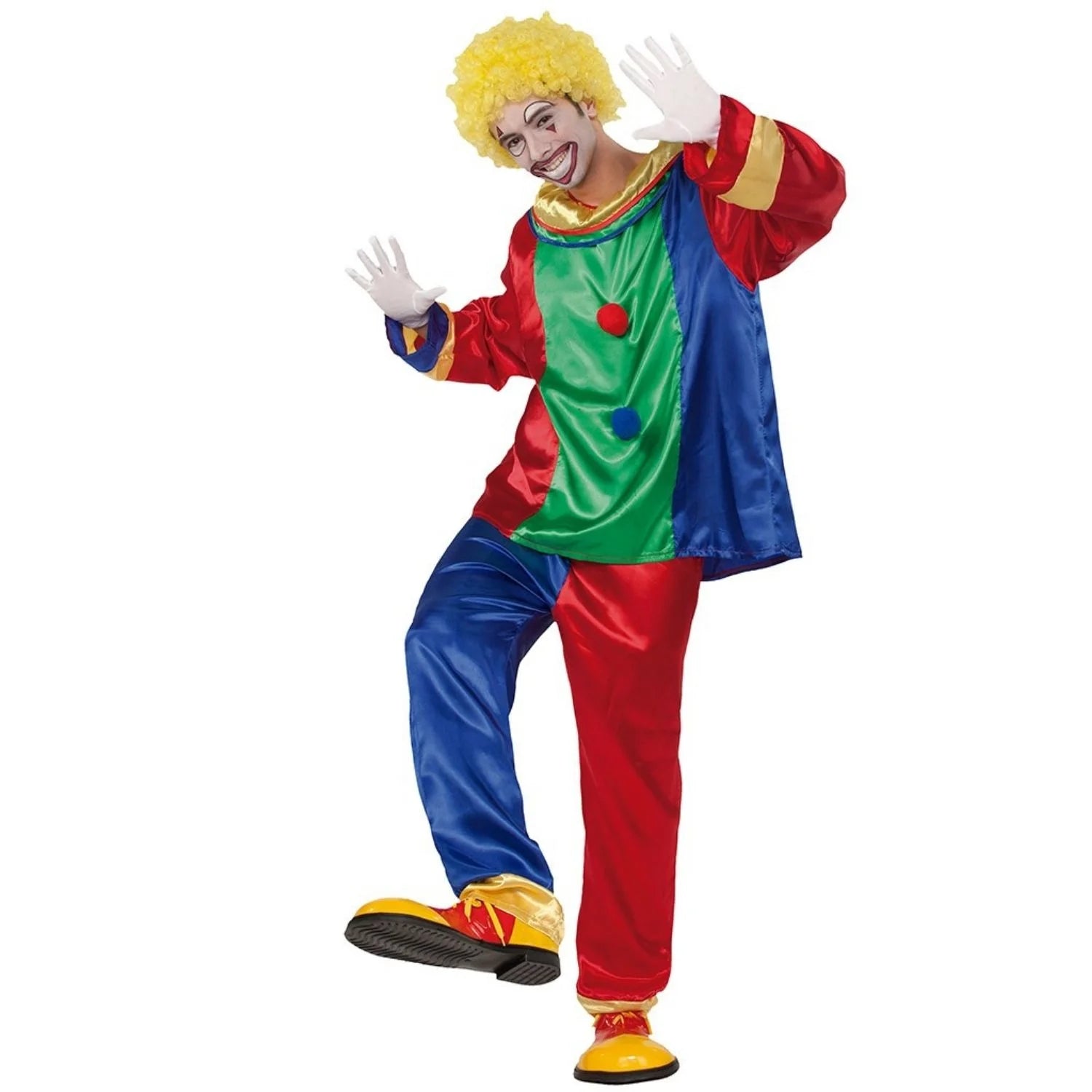 Hombre con disfraz de payaso multicolor con camisa brillante y pantalón bicolor
