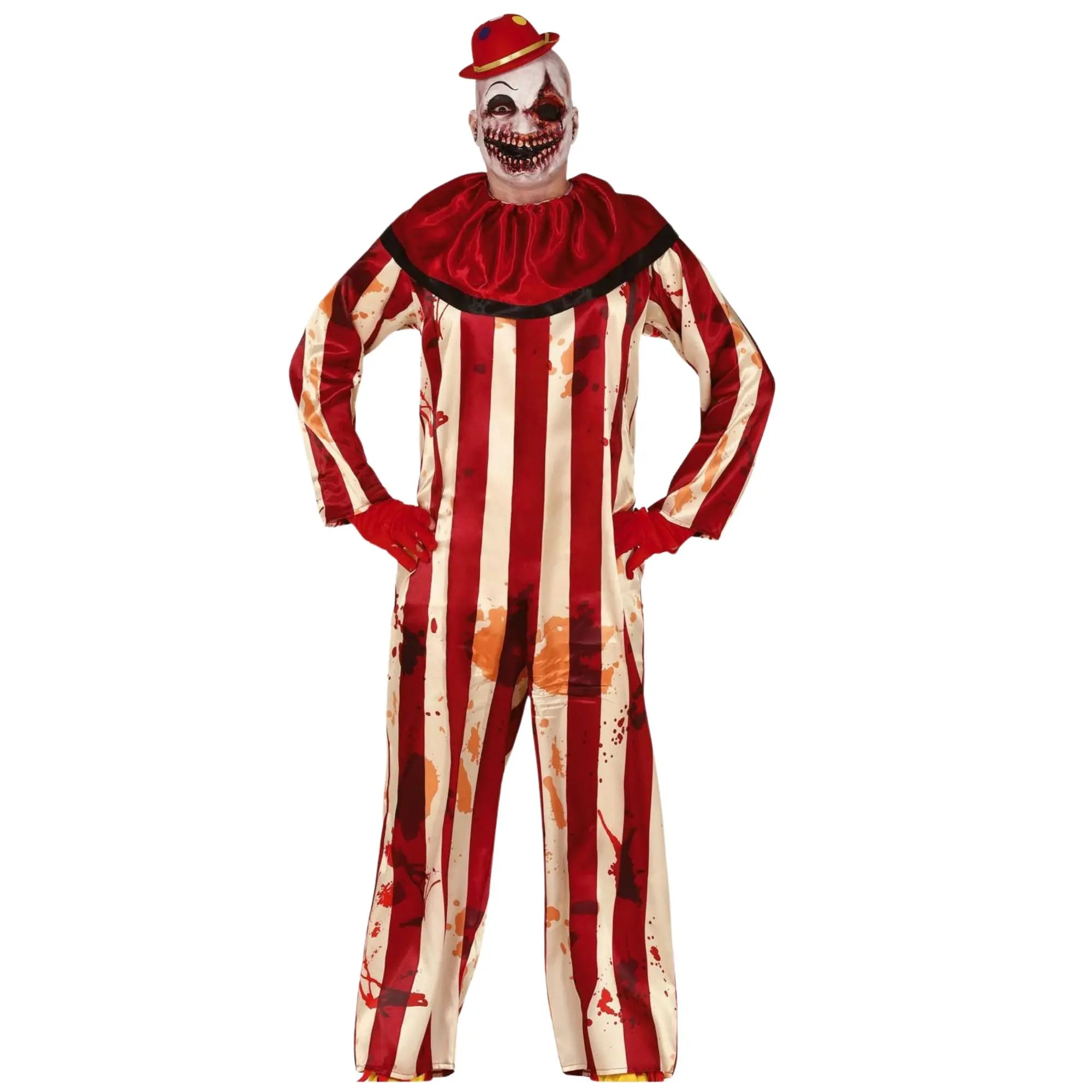 Disfraz de payaso a rayas para hombre con mono y cuello estilo circo terrorífico para Halloween