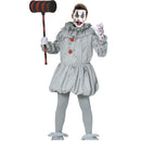 Disfraz de payaso asesino adulto gris con vestido manchas de sangre pompones rojos cuello y cubrebotas